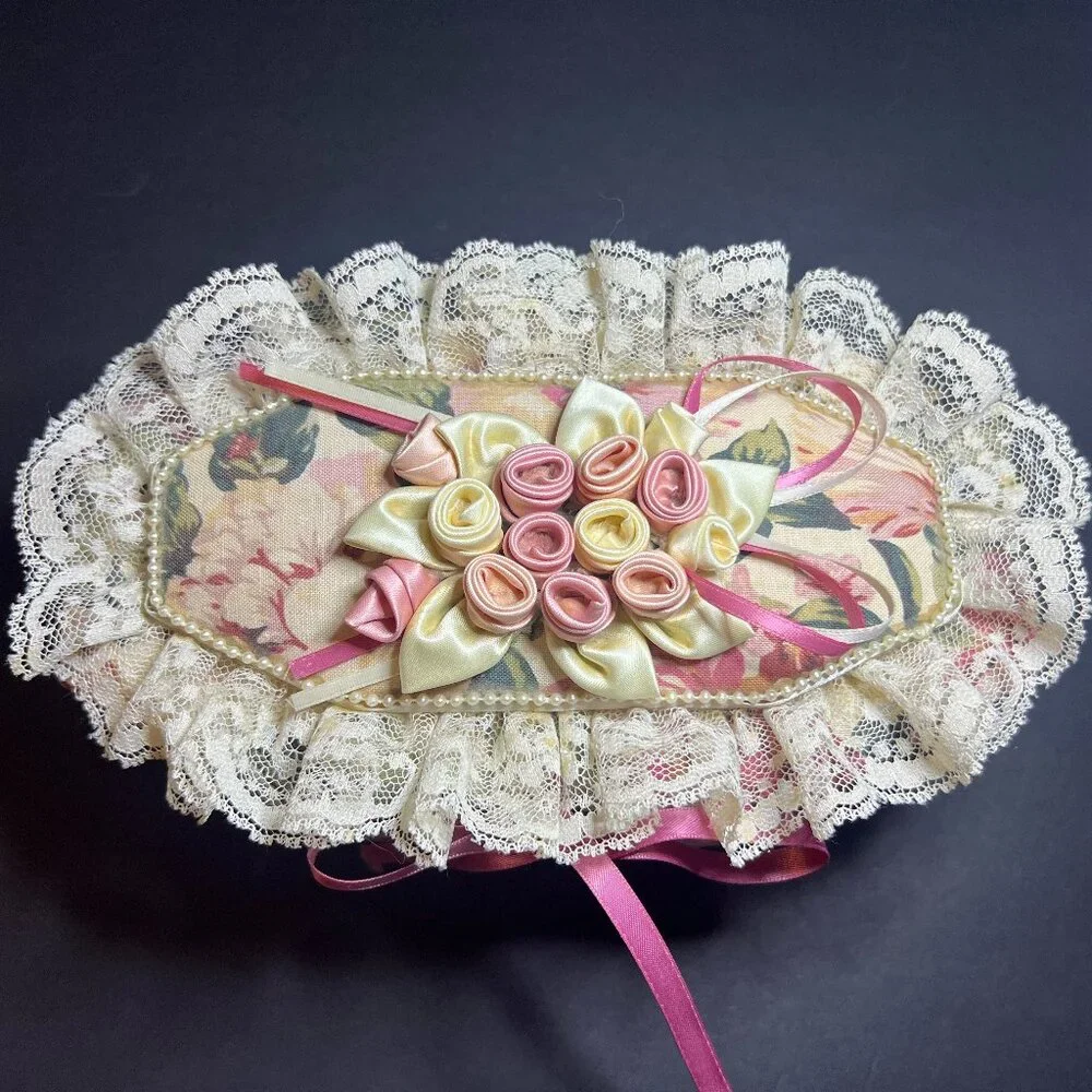 Vintage Ruffled Lace Ribbon & Floral Applique Fabric Octagon Jewelry Trinket Box